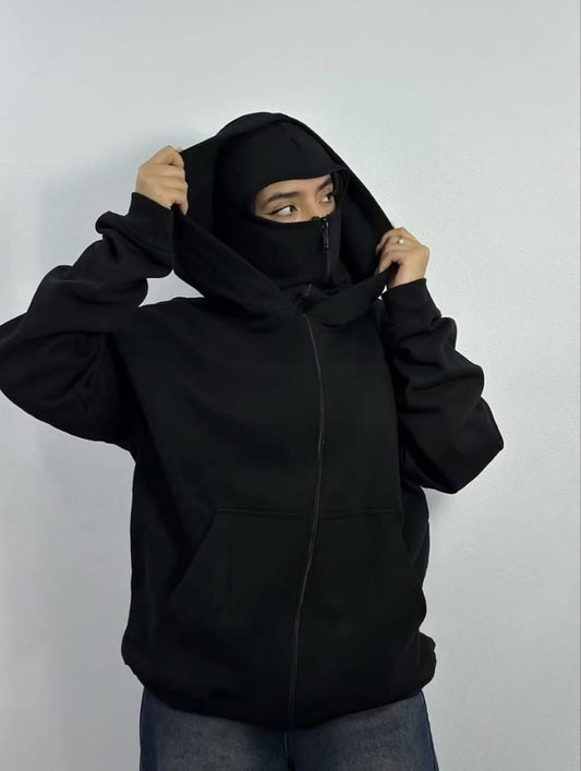 Stylish Black Balaclava Hoodie With Full Mask – Casual Zip-Up Sweatshirt