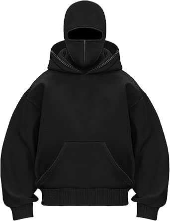 Stylish Black Balaclava Hoodie With Full Mask – Casual Zip-Up Sweatshirt