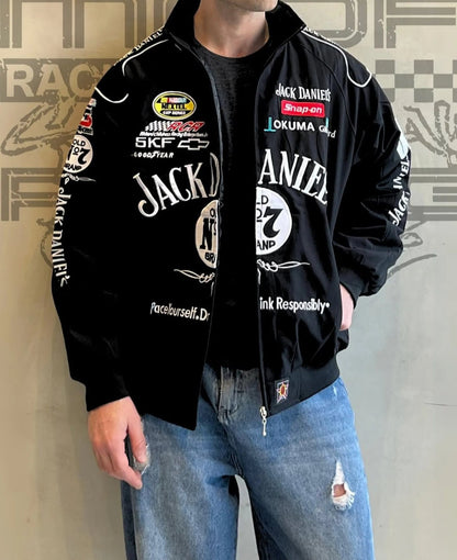 Jack Daniel’s Black Embroidered Racing Bomber Jacket – Premium Streetwear Winter Wear