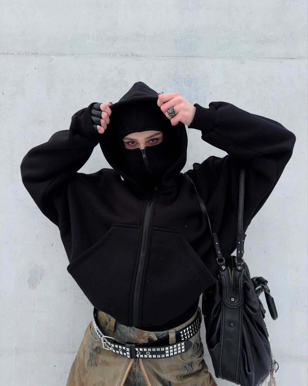 Stylish Black Balaclava Hoodie With Full Mask – Casual Zip-Up Sweatshirt