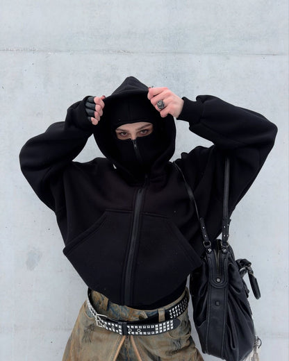 Stylish Black Balaclava Hoodie With Full Mask – Casual Zip-Up Sweatshirt