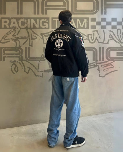 Jack Daniel’s Black Embroidered Racing Bomber Jacket – Premium Streetwear Winter Wear