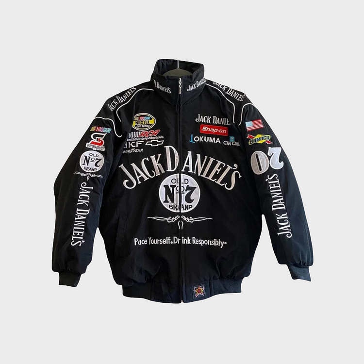 Jack Daniel’s Black Embroidered Racing Bomber Jacket – Premium Streetwear Winter Wear