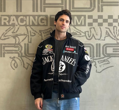 Jack Daniel’s Black Embroidered Racing Bomber Jacket – Premium Streetwear Winter Wear