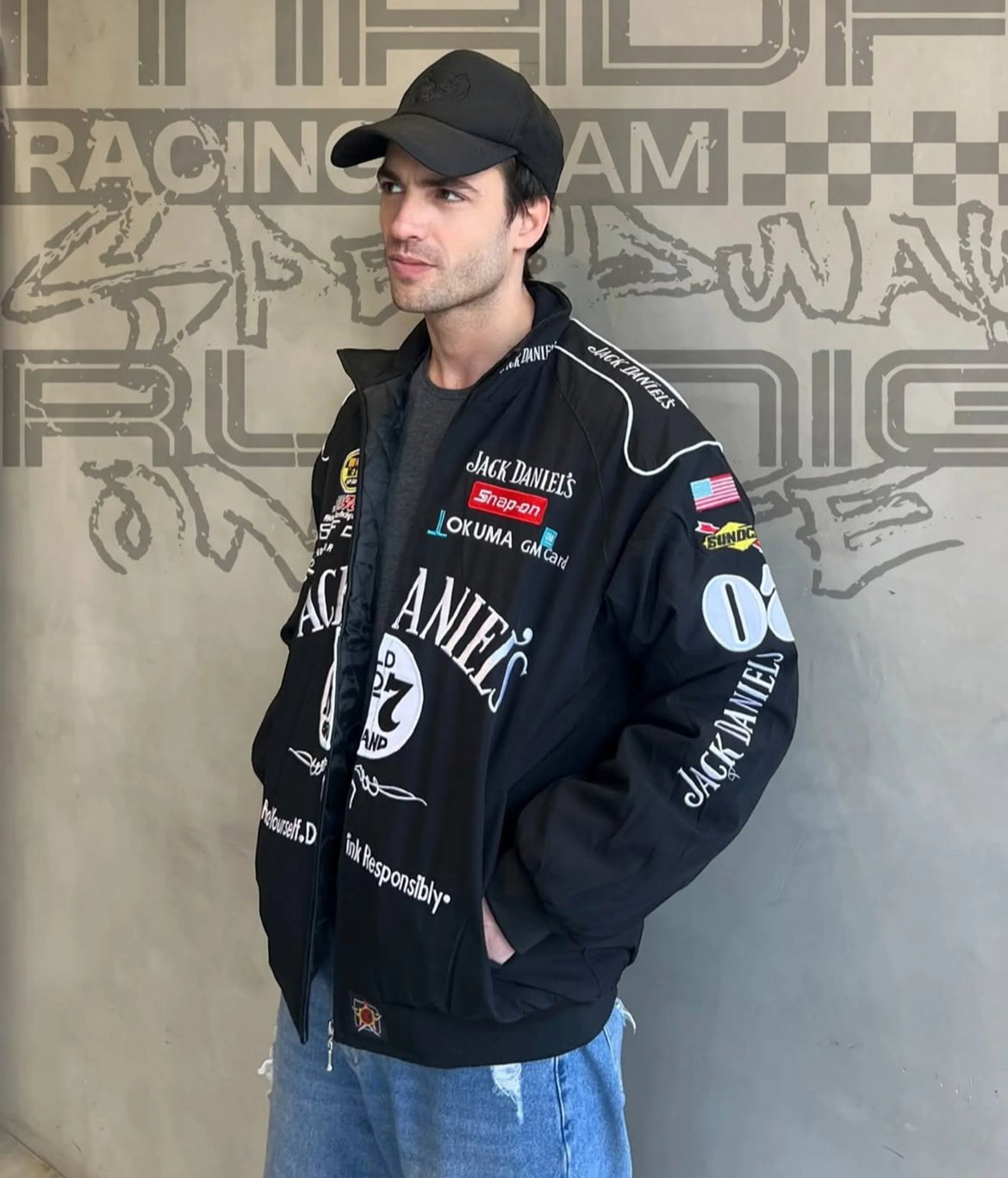 Jack Daniel’s Black Embroidered Racing Bomber Jacket – Premium Streetwear Winter Wear