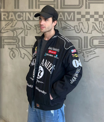 Jack Daniel’s Black Embroidered Racing Bomber Jacket – Premium Streetwear Winter Wear