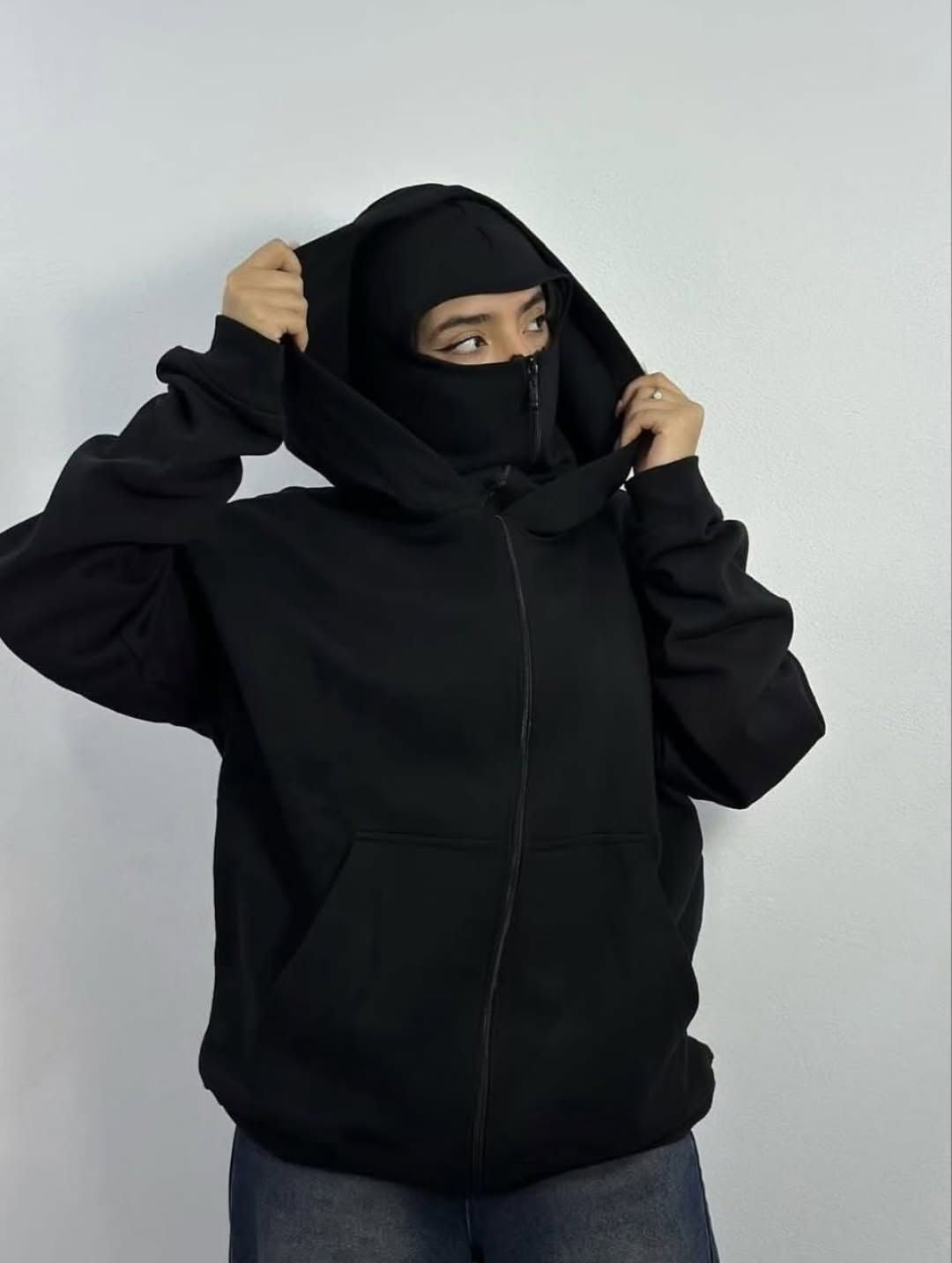 Stylish Black Balaclava Hoodie With Full Mask – Casual Zip-Up Sweatshirt