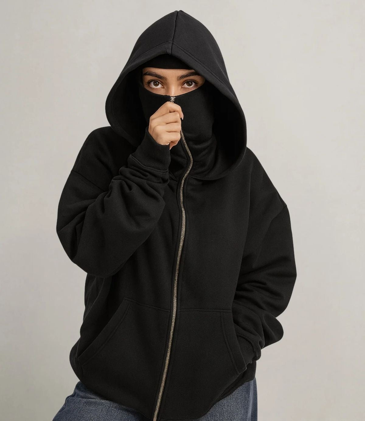 Stylish Black Balaclava Hoodie With Full Mask – Casual Zip-Up Sweatshirt