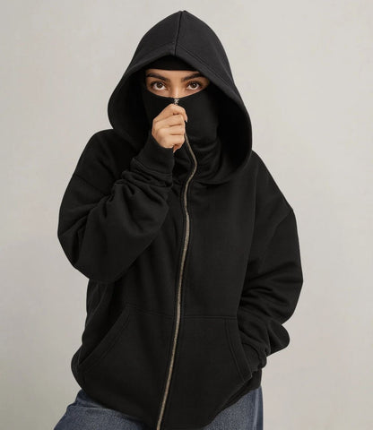 Stylish Black Balaclava Hoodie With Full Mask – Casual Zip-Up Sweatshirt
