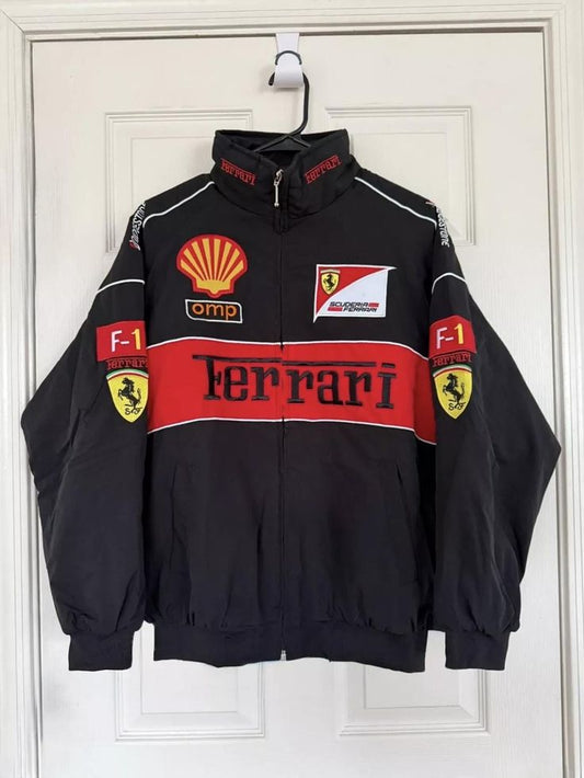 Ferrari F1 Embroidered Racing Jacket | Black Motorsport Bomber Jacket for Men & Women