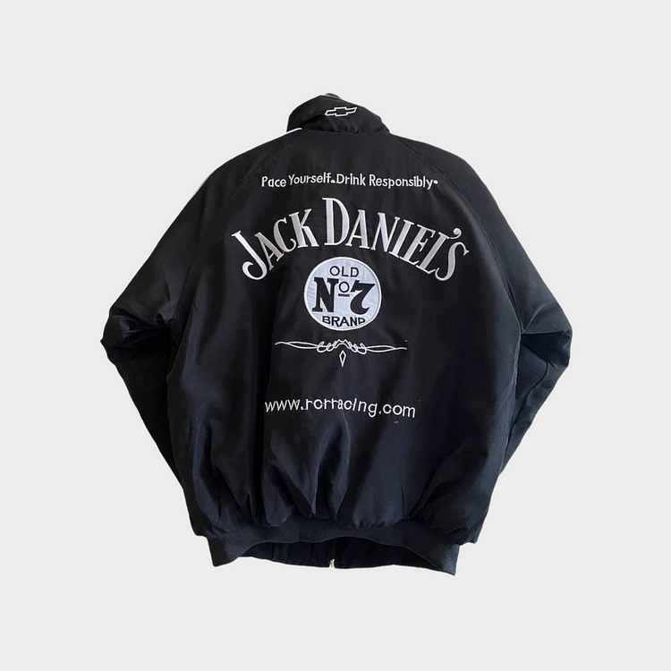 Jack Daniel’s Black Embroidered Racing Bomber Jacket – Premium Streetwear Winter Wear