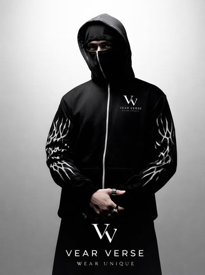 Gothic Flame Balaclava Hoodie – Black Streetwear Edition