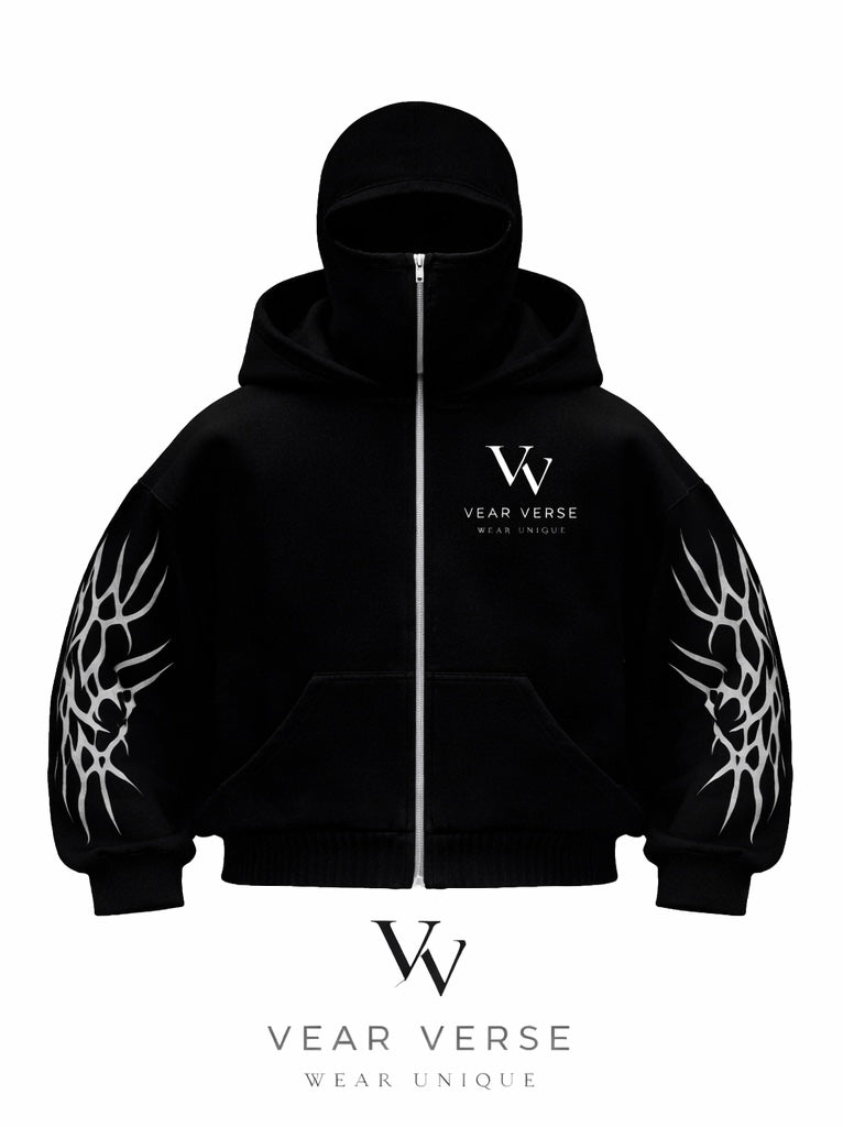 Gothic Flame Balaclava Hoodie – Black Streetwear Edition