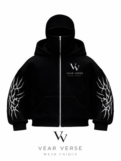 Gothic Flame Balaclava Hoodie – Black Streetwear Edition