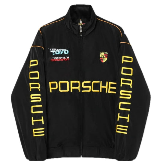 Porsche Embroidered Racing Jacket | Black Motorsport Bomber Jacket for Men & Women