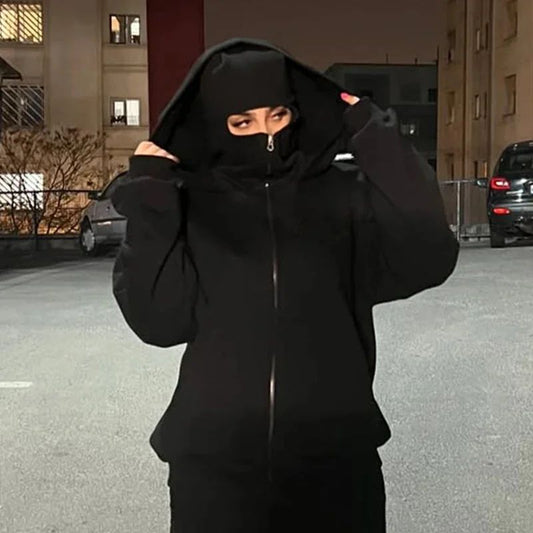Stylish Black Balaclava Hoodie With Full Mask – Casual Zip-Up Sweatshirt