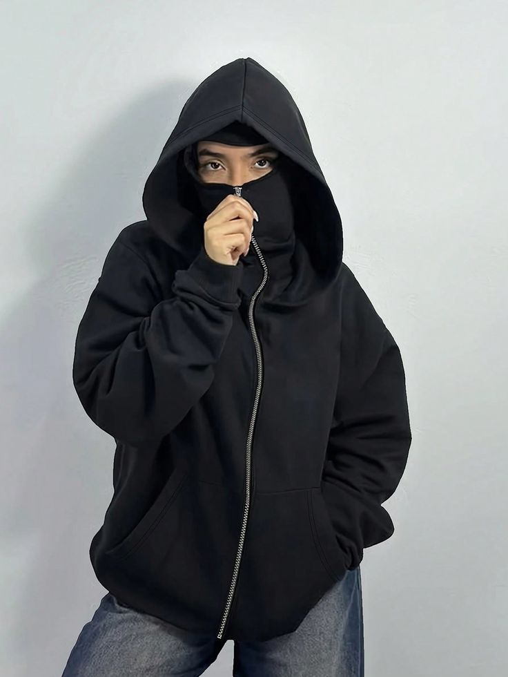 Stylish Black Balaclava Hoodie With Full Mask – Casual Zip-Up Sweatshirt