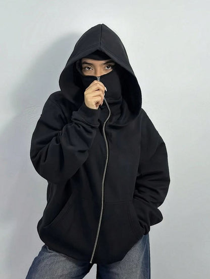 Stylish Black Balaclava Hoodie With Full Mask – Casual Zip-Up Sweatshirt