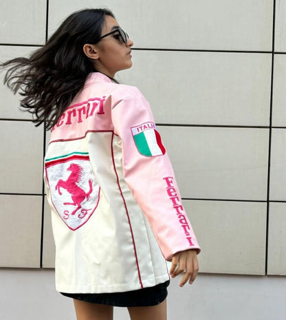 Ferrari Inspired Women's Racing Jacket - Pink & White