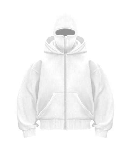 White Balaclava Hoodie - Ninja Double Hooded Zip-Up Streetwear