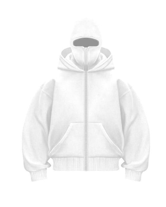 White Balaclava Hoodie - Ninja Double Hooded Zip-Up Streetwear