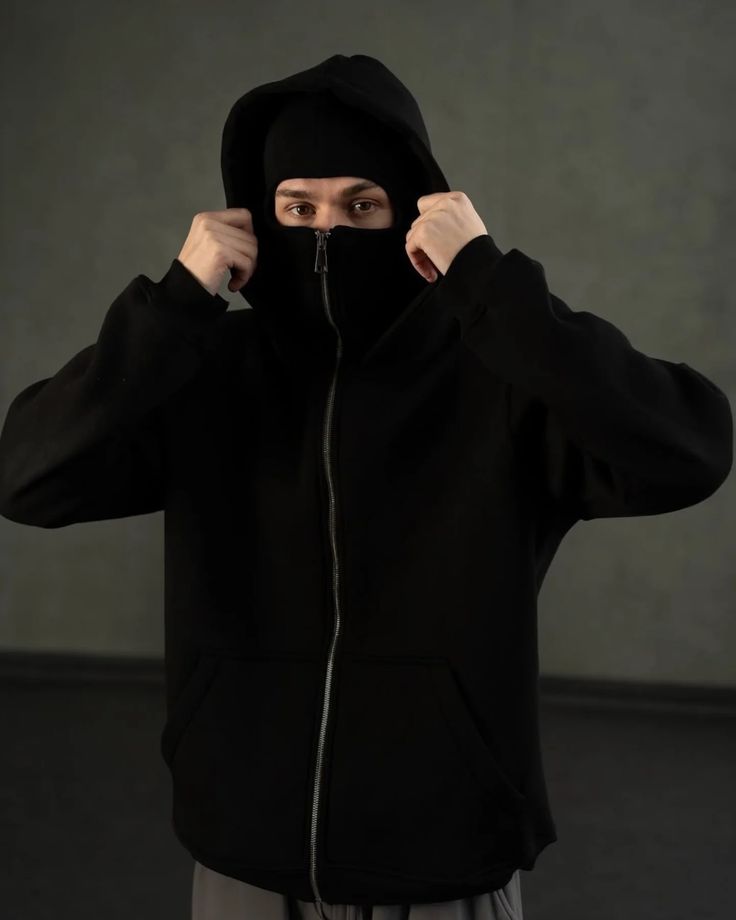 Stylish Black Balaclava Hoodie With Full Mask – Casual Zip-Up Sweatshirt
