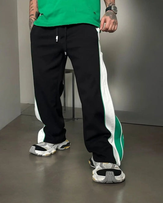 Black & Green Double zip Baggy Pants - 3 Way Wide Leg Joggers