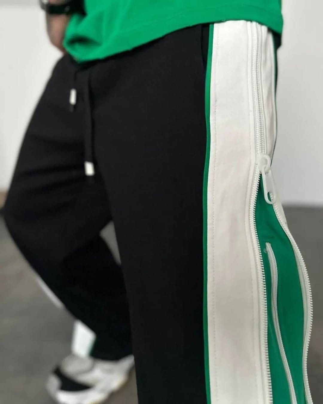 Black & Green Double zip Baggy Pants - 3 Way Wide Leg Joggers