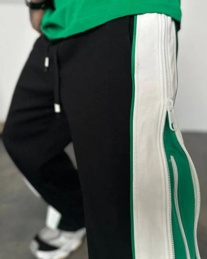 Black & Green Double zip Baggy Pants - 3 Way Wide Leg Joggers