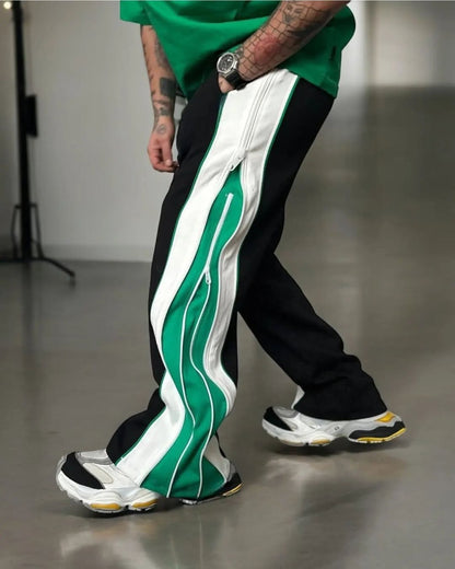 Black & Green Double zip Baggy Pants - 3 Way Wide Leg Joggers