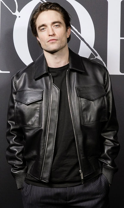 Classic Black Faux Leather Jacket - Bomber Jacket With Pocket Detail