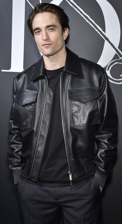 Classic Black Faux Leather Jacket - Bomber Jacket With Pocket Detail