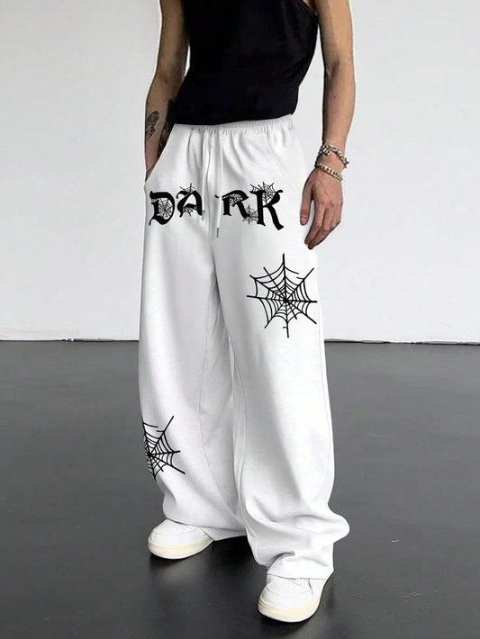 White Dark Spider Web Print Baggy Pants - Oversized Streetwear