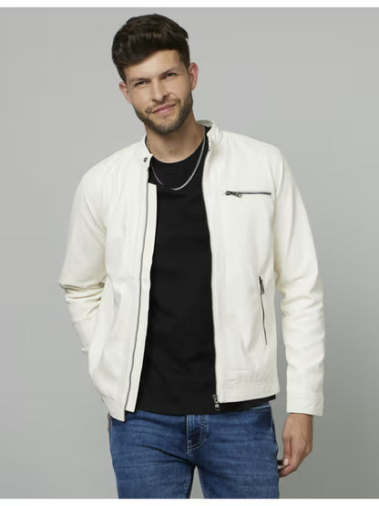 Men’s White Faux Leather Jacket - Moto Jacket
