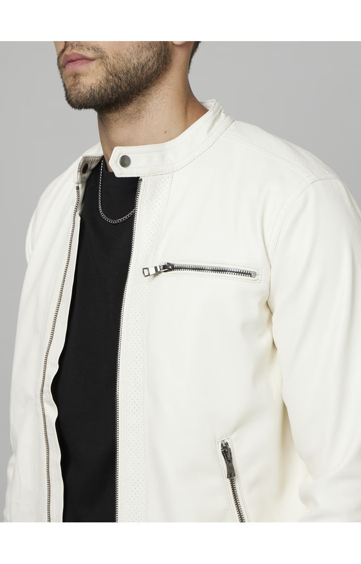 Men’s White Faux Leather Jacket - Moto Jacket